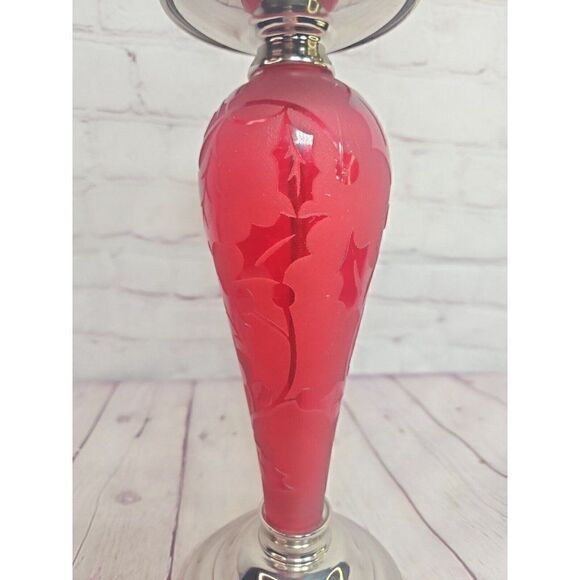 Christmas Pillar Candle Holder Ruby Red Etched Glass Holly Chrome Heavy Quality - Picture 2 of 5